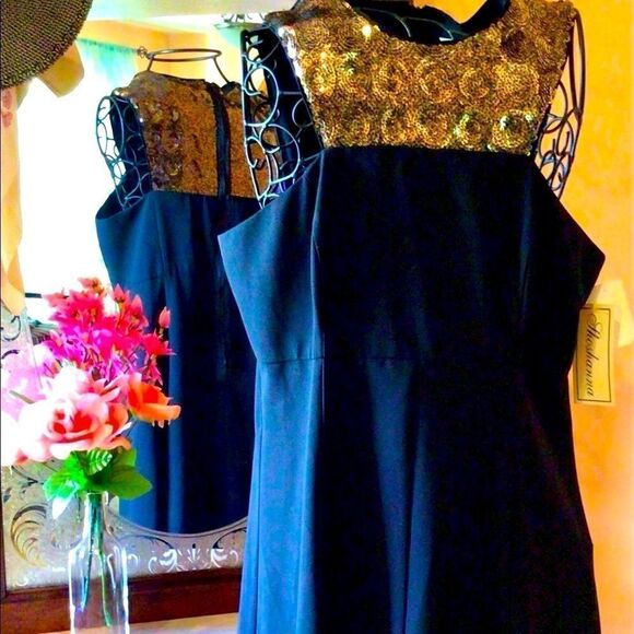 SHOSHANNA BLACK A-LINE SLEEVELESS GOLD EMBELLISHED YOKE SEQUIN DRESS 10 NWT - Picture 4 of 16